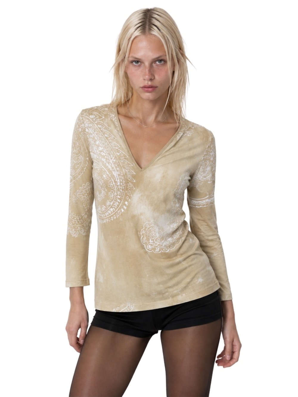 Just Cavalli Women’s Beige Paisley Print Stretch Long Sleeve Top Size IT 54 / L